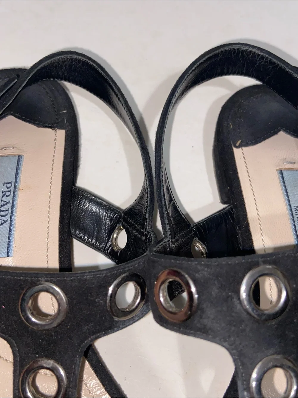 Prada Sandals Womens Size 37 Black Suede T-Strap Grommets Shoes Italy Designer